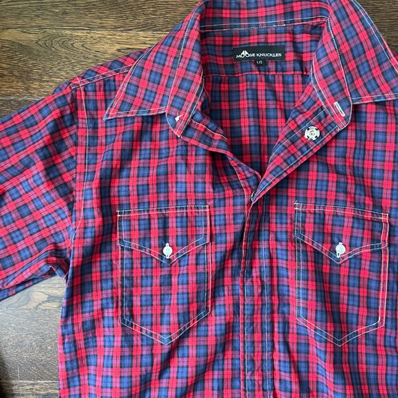 Men's Moose Knuckles Red Plaid Shirt with Snap Closures-Size Medium - Picture 3 of 8